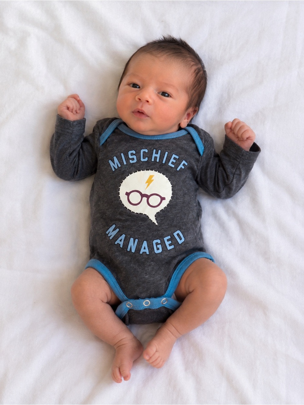 Warner Bros. Gray & Blue 'Mischief Managed' Baby One-Piece